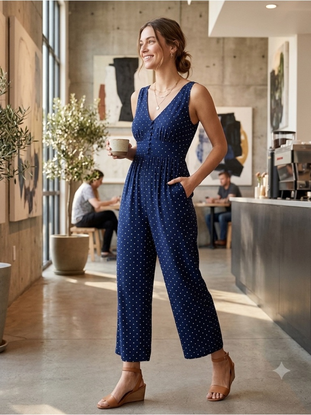 Madewell Navy Polka Dot Sleeveless V-Neck Jumpsuit